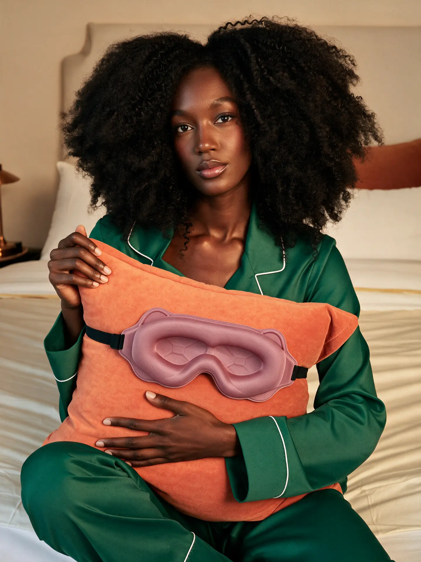 Woman in green satin pajamas holding a pillow with the lavender nocta 3D sleep mask