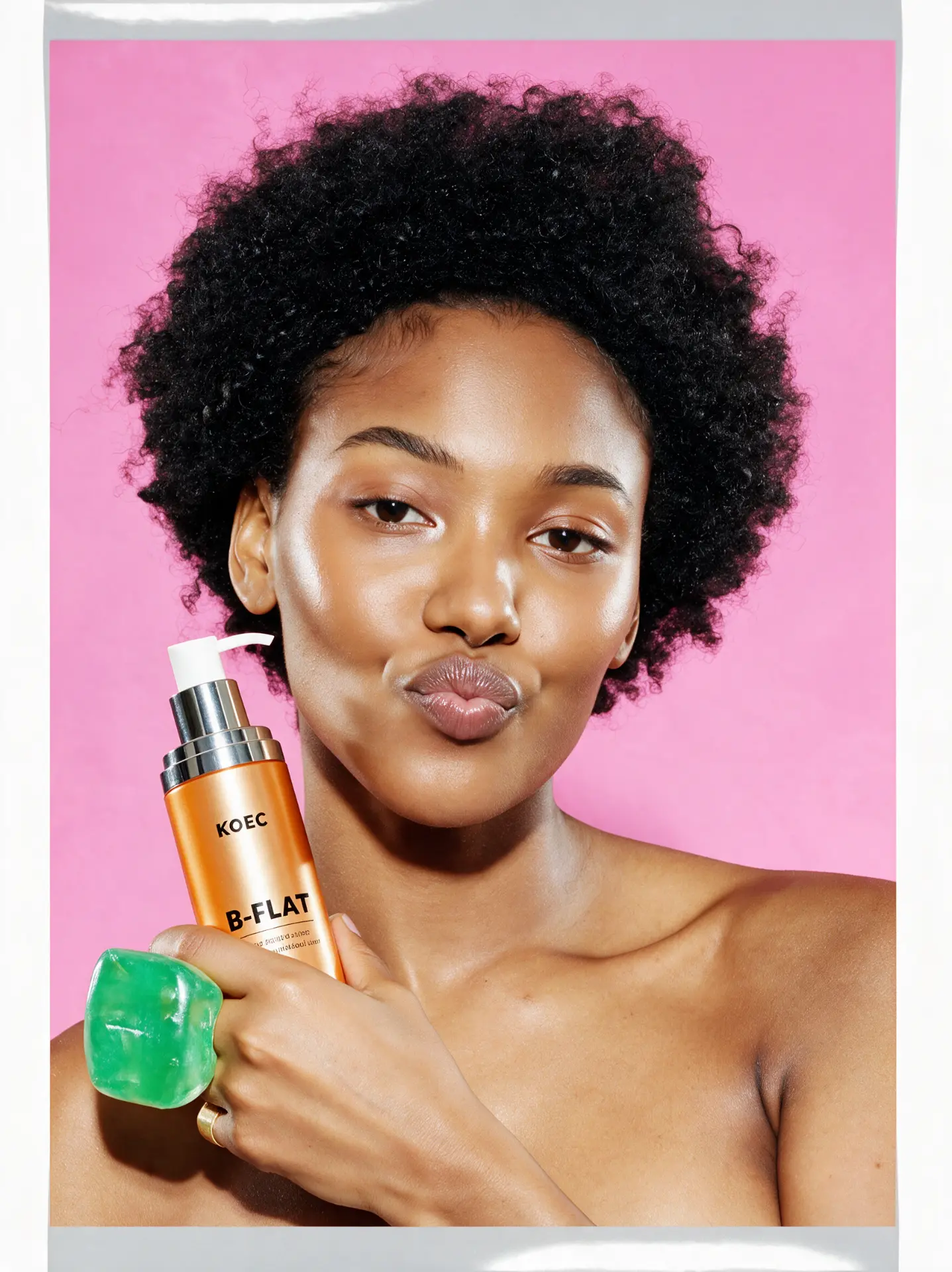 Model holding the KOEC B-FLAT belly firming cream against a pink studio backdrop